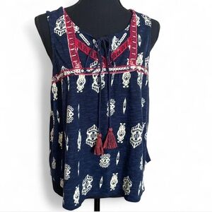 Monsoon Beach Nautical Patterned Embroidered Navy and White Tank Top Women’s M